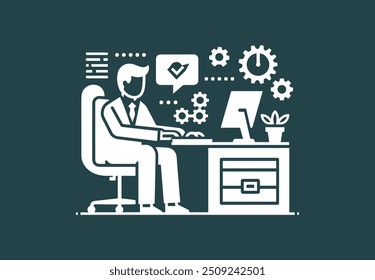 Businessman working on his Computer with business icon and symbol