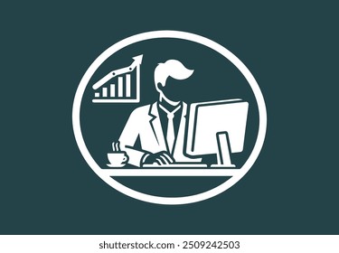 Businessman working on his Computer with business icon and symbol