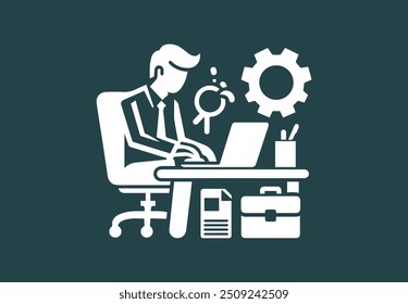 Businessman working on his Computer with business icon and symbol