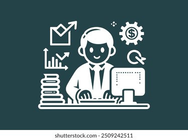 Businessman working on his Computer with business icon and symbol