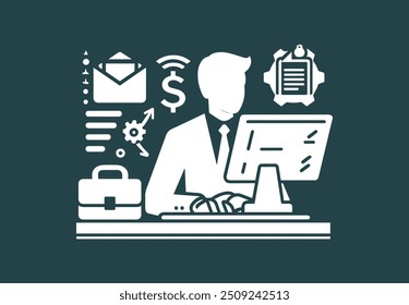 Empresário trabalhando em seu computador com ícone e símbolo de empresa