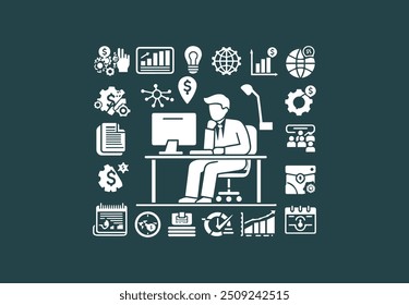 Businessman working on his Computer with business icon and symbol