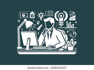 Hombre de negocios que trabaja en su computadora con el icono y el símbolo del negocio