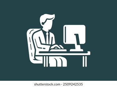 Businessman working on his Computer with business icon and symbol