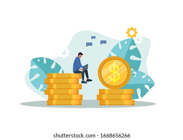 Businessman working on his laptop and earning money. Businessman earning money from online business. Online business concept. Vector illustration.
