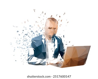 Businessman is working on his laptop. Programmer, coder, isolated vector illustration, low poly drawing from triangles. Business people