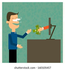 businessman working on internet, vector cartoon.
