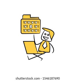 businessman working on laptop and binary folder and cryptocurrency concept yellow doodle hand drawn