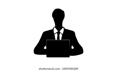 businessman working on laptop, black isolated silhouette