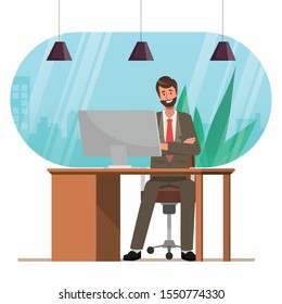 Businessman working on a laptop computer. Administration at office desk. Business people character. Animation scene for motion graphic.