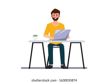 Businessman Working On A Laptop Computer. Administration At Office Desk. Business People Character. Animation Scene For Motion Graphic.