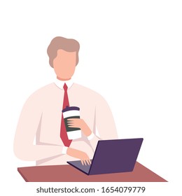 Businessman Working on Laptop Computer and Drinking Coffee, Male Character Enjoying of Hot Drink Flat Vector Illustration