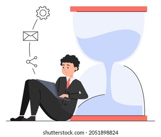 Businessman working on laptop computer sitting at the sandglass vector isolated. Idea of time management and workday planning. Deadline concept.