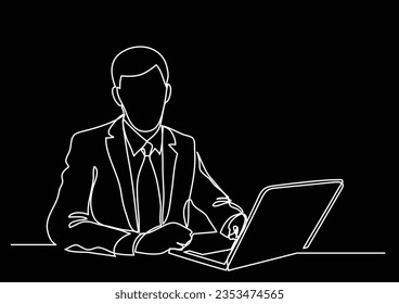 businessman working on laptop computer - single line drawing