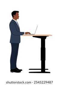 Hombre de negocios que trabaja en el ordenador portátil en el espacio de trabajo contemporáneo. Hombre de negocios en traje formal en el área moderna con muebles ergonómicos, computadora. Ilustración vectorial aislada sobre fondo blanco.