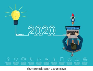 businessman working on Laptop -  creative light bulb idea 2020 new year business  -  modern Idea and concept illustration flat vector.