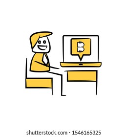 businessman working on laptop and cryptocurrency concept yellow doodle hand drawn