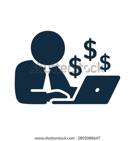 Businessman working on laptop with dollar signs online earnings concept