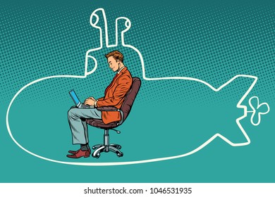 businessman working on laptop and dreaming about traveling in submarine. Tourism and adventure. Comic book cartoon pop art retro vector illustration vintage kitsch