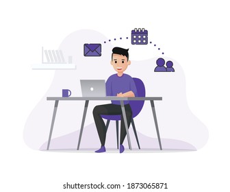 A businessman working on laptop with email icon. Businessman, startup, icon, busy, simple. Vector flat illustration