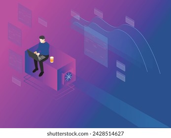 Businessman working on laptop exploring virtual reality - metaverse 3d isometric vector illustration
