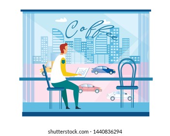 Businessman Working on Laptop with Financial Charts on Screen at Modern City Cafe. Male Freelancer, Analyst Sitting near Window with Smart Cityscape Reflection. Vector Flat Cartoon Illustration