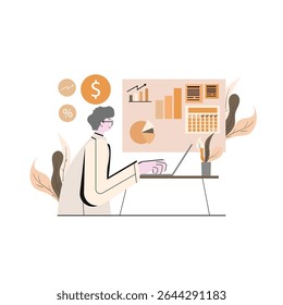 Businessman Working on Laptop with Financial Charts, Flat Illustration for Data Analysis and Planning