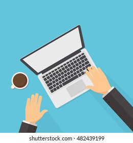 Businessman working on the laptop in flat style with laptop and coffee vector illustration