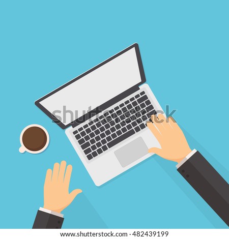 Businessman working on the laptop in flat style with laptop and coffee vector illustration