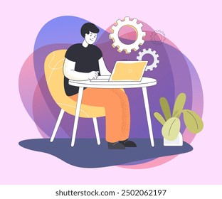 Businessman working on laptop with gear wheels on background. Freelancer working at home office flat vector illustration. Remote work, freelance concept for banner or landing page