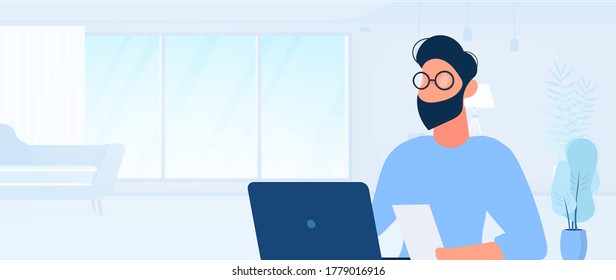 Businessman working on laptop. The guy is sitting at a table in his office. Office, sofa, bookshelf, business man, floor lamp. Office work concept. Banner with a place for the text. Vector.