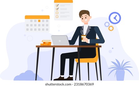 Businessman working on laptop with hand holding coffee.Business working on process concept. Flat businessman cartoon sitting and working