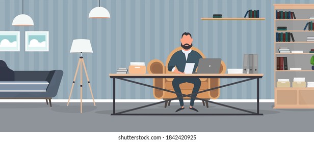 A businessman is working on a laptop in his office. Director's workplace. Laptop, documents, books, loft-style table. Vector.