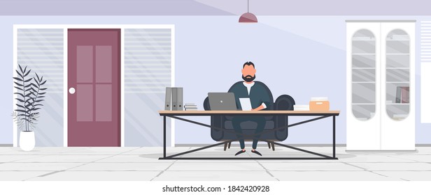 A businessman is working on a laptop in his office. Director's workplace. Laptop, documents, books, loft-style table. Vector.