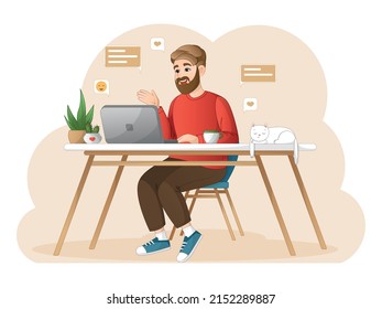 businessman working on laptop, Home office concept man working at home, student or freelancer communicating on social media, online learning, distance learning, online work, distance work	