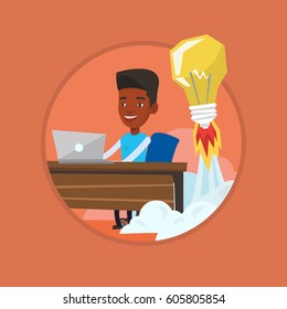 Businessman working on laptop and idea bulb taking off behind him. Man having business idea. Business idea and start up concept. Vector flat design illustration in the circle isolated on background.