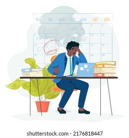 businessman working on laptop. Man overwork in office. Manager sitting at computer desk with stack of documents in mess and deadline tasks.  Man at workplace holds his hands behind his head. Burnout