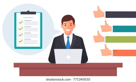 Businessman working on the laptop with many thumps up feedback from the customers or team concepts. filled the green check list sign on the clipboard with Speech bubble. vector illustration