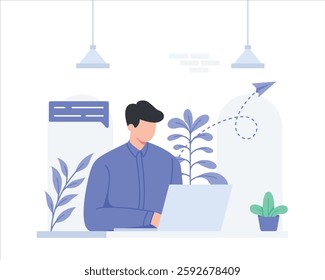 Businessman working on laptop in modern office. Flat vector illustration for remote work, productivity, and digital communication concepts