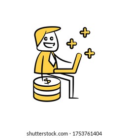 businessman working on laptop and money yellow stick figure design