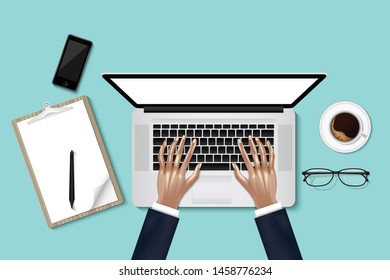 Businessman Working on Laptop in office With Layout of Mobile Phone, Eyeglasses, Coffee Cup, Pen and Paper Note on The Table., Vector, Illustration Design