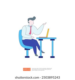 Businessman working on laptop at office desk. Vector illustration. Isolated on white background.