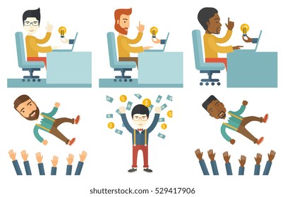 Businessman working on laptop in office and idea bulb coming out of laptop. Businessman got business idea. Creative idea concept. Set of vector flat design illustrations isolated on white background.