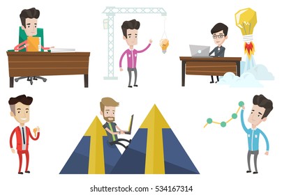 Businessman working on laptop in office and idea bulb taking off behind him. Man having business idea. Business idea concept. Set of vector flat design illustrations isolated on white background.