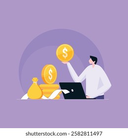 Businessman working on laptop and planning tax deduction by calculating business balances. Managing VAT, income tax, property tax for individuals and corporations