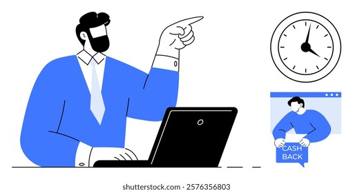 Businessman working on laptop points at clock, indicating time management. Cashback advertisement visible. Ideal for business, time management, online shopping, digital marketing, remote work