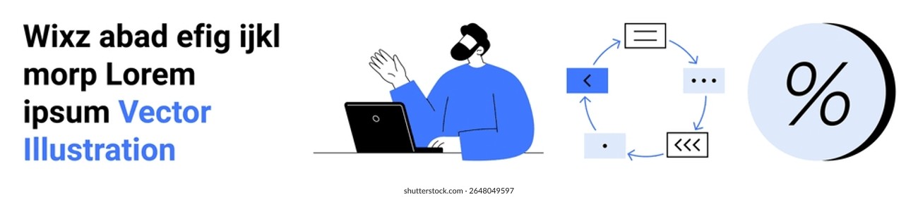 Businessman working on laptop, process flowchart with arrows and boxes, percentage symbol. Ideal for business, analytics, technology, workflow, statistics, office setups, web design. Landing page
