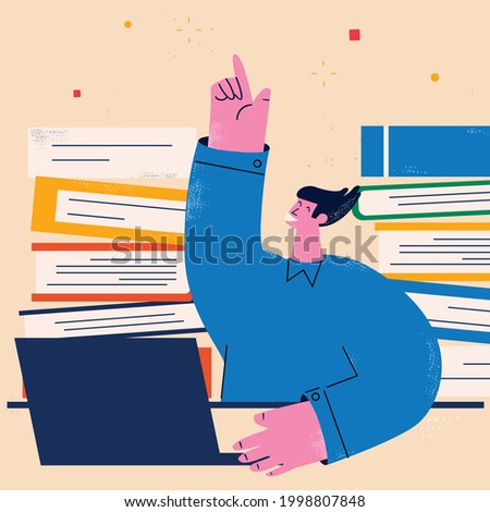 Businessman working on laptop, working on project, freelance job, office work, online work, education and learning concept. Courses, lessons, trainings, tutorials flat vector illustration