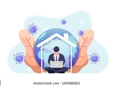 Businessman working on laptop  and quarantine at home. Work from home and social distance during corona virus quarantine concept.