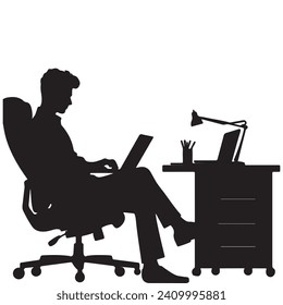 A businessman working on a laptop silhouette in vector file 100% editable. Silhouettes of business people.